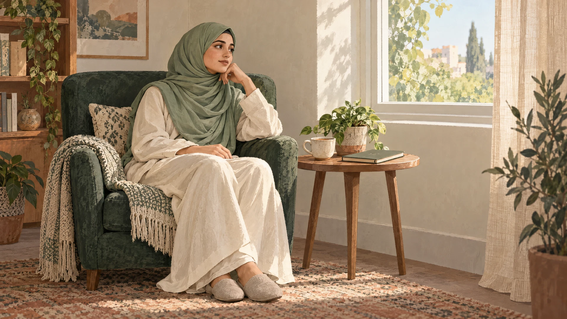 Illustration of a Muslim woman taking a quiet pause in a supportive armchair by a window.