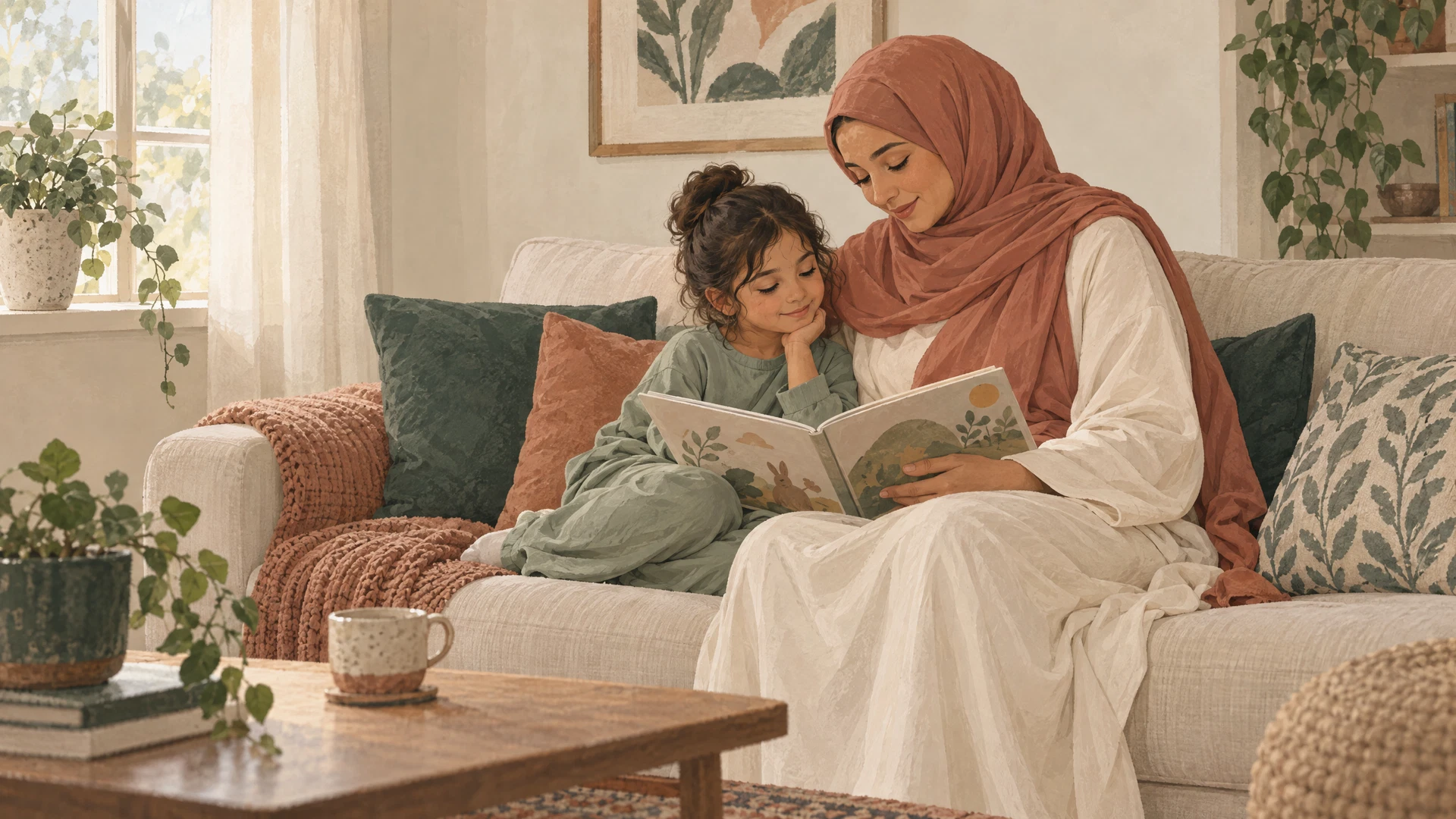 Illustration of a Muslim mother sharing a picture book with her daughter while seated comfortably on a sofa.
