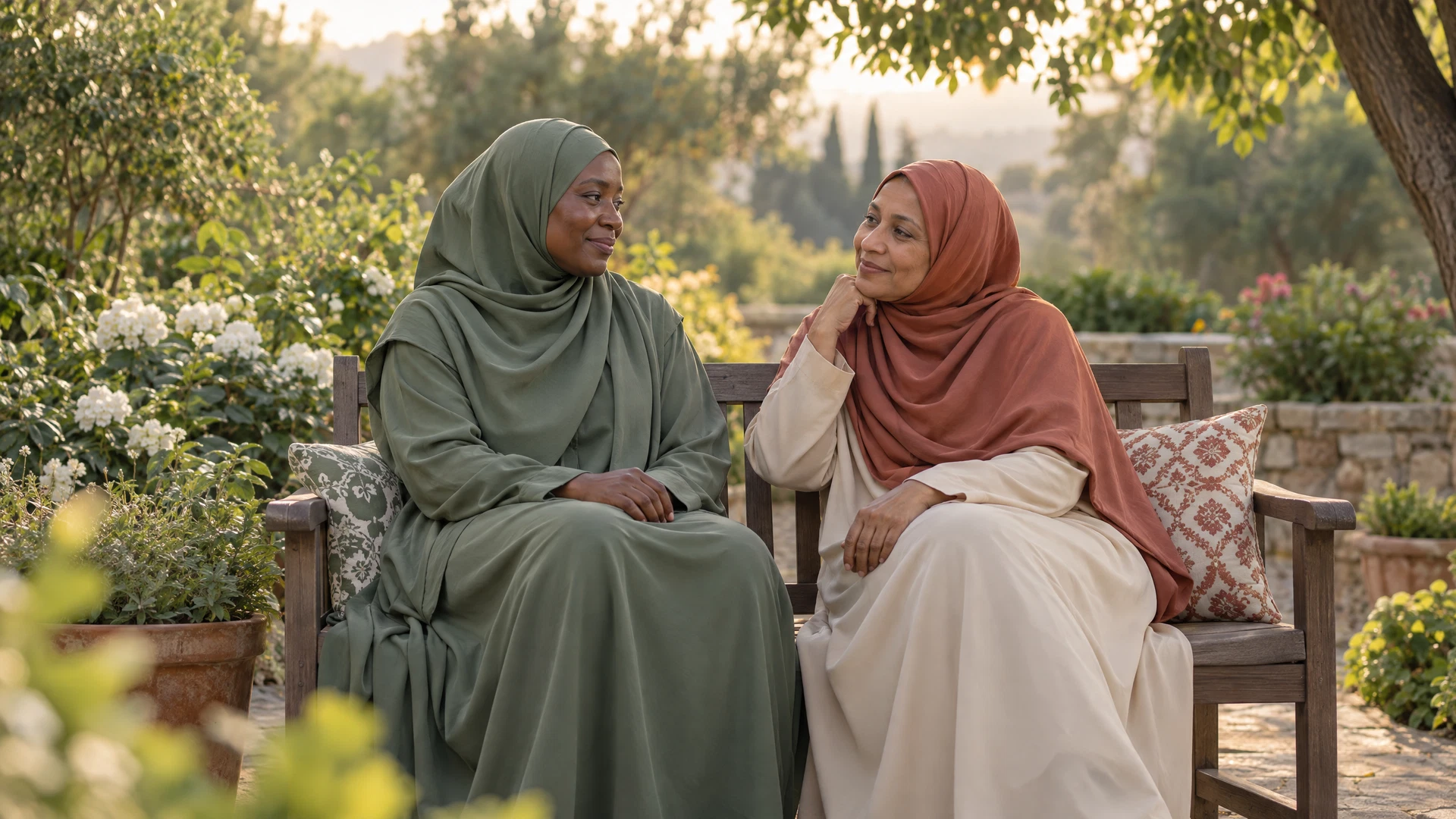 Illustrative scene of two Muslim women in loose, long-sleeved dresses and hijabs sharing a supportive conversation on a garden bench.