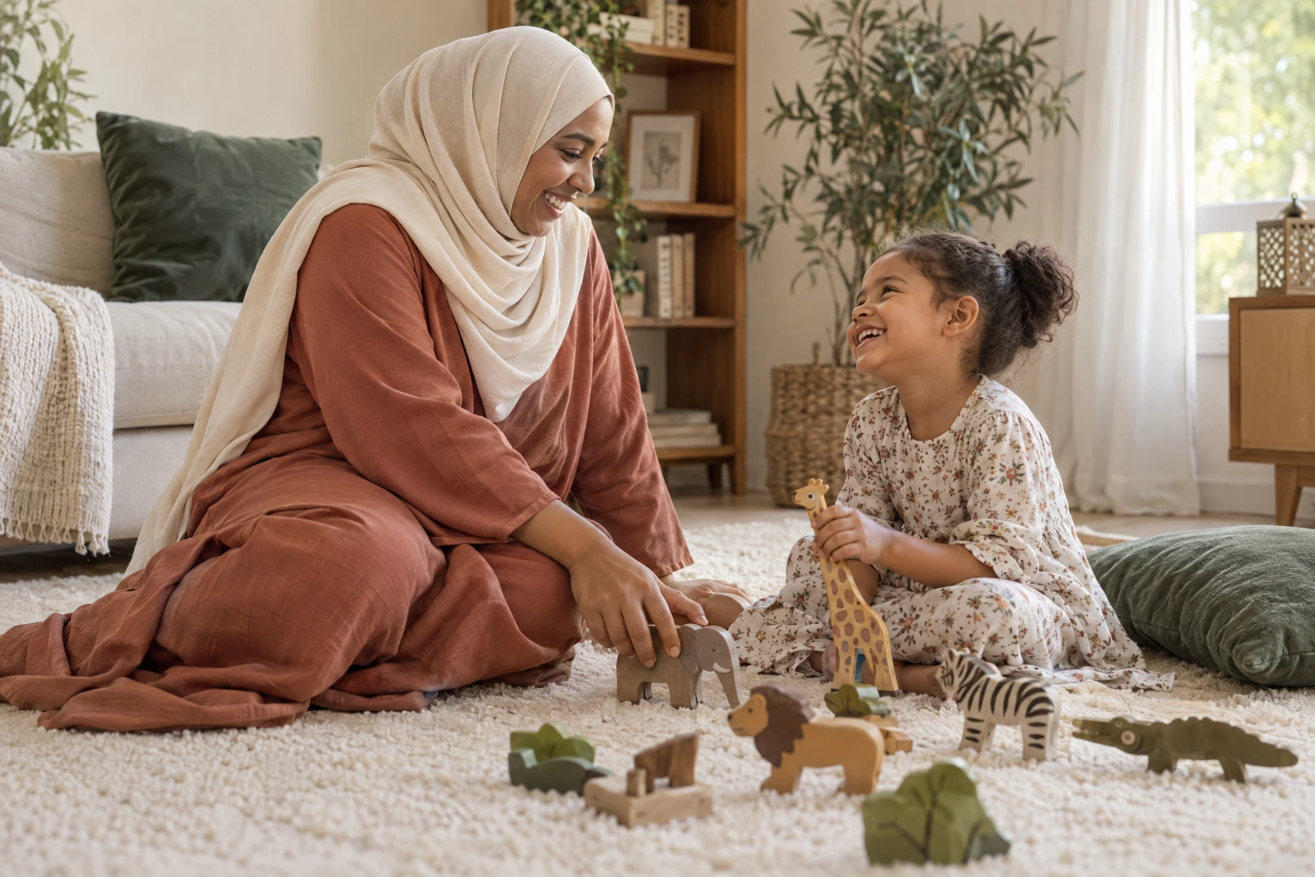 Illustrative scene of a modestly dressed mother in a hijab laughing with her young child as they play together on a rug.